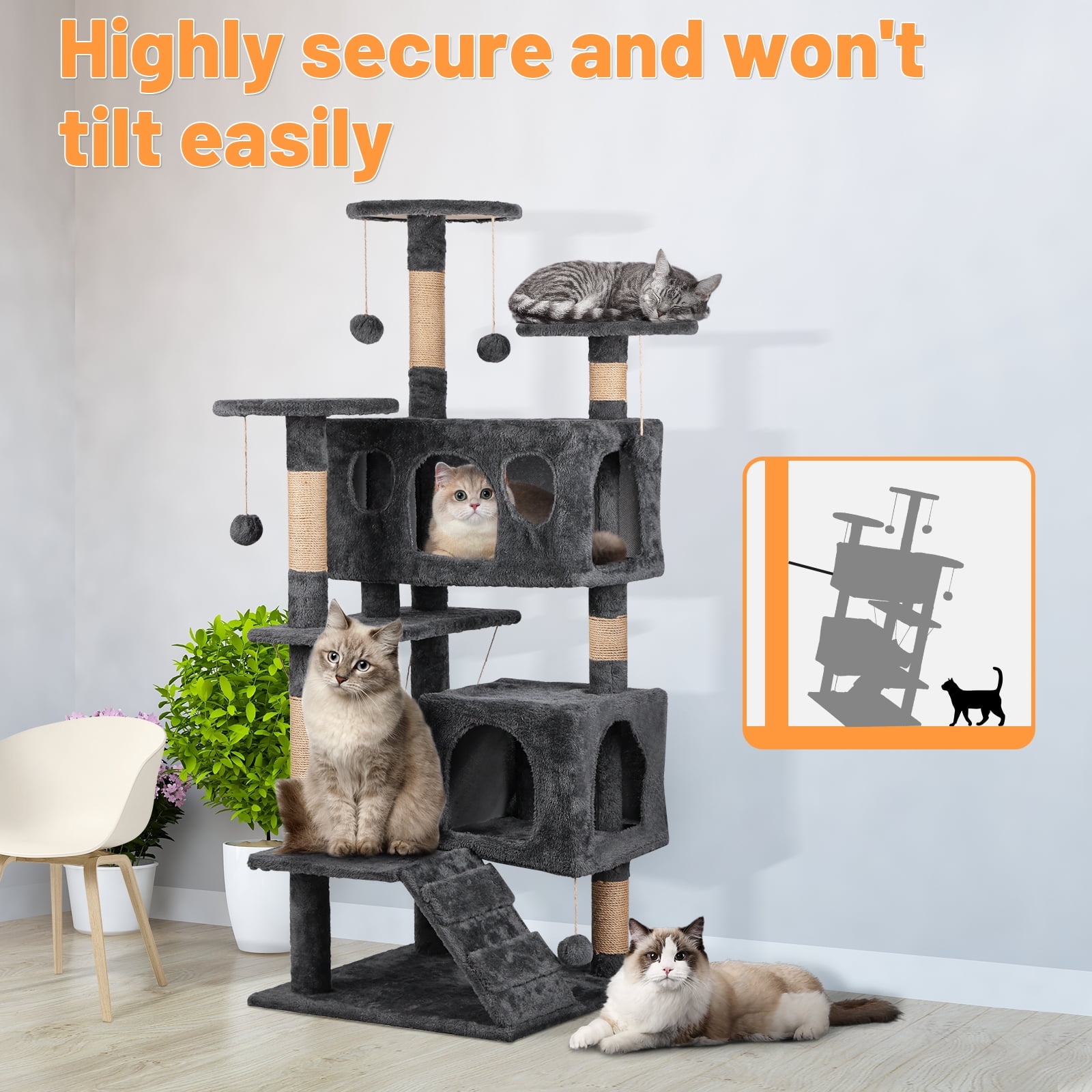 BeauGift Cat Tree, 50-Inch Cat Tower for Indoor Cats, Plush Multi-Level Cat Condo with 5 Scratching Posts,Dark Gray