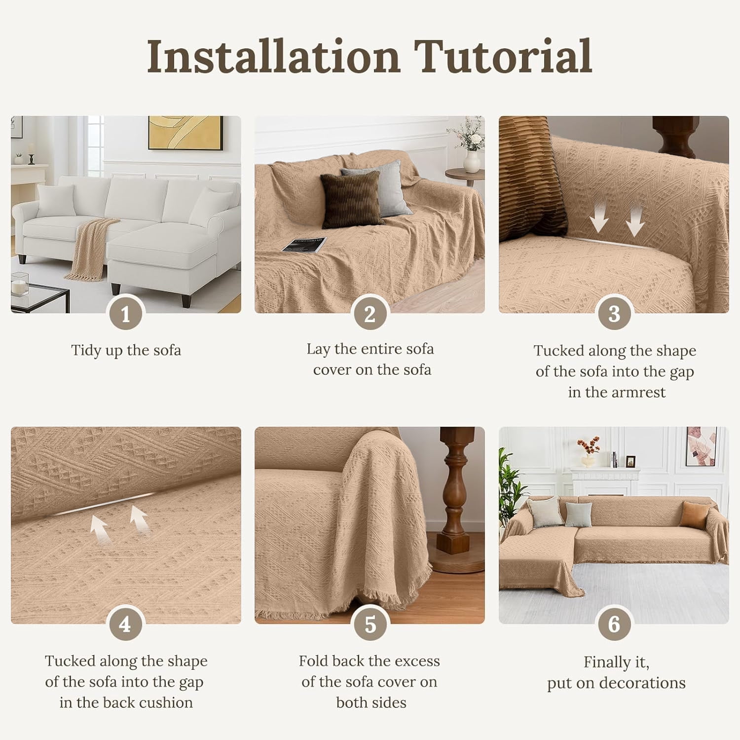 Sanmadrola Couch Cover for 2 Seat Sofa Slipcovers Cover Cotton Knit Cushion Couch Furniture Pet Protector Stylish Throws for Sectional Couch Sofa-2 Seater Geometrical 71''x 118''Khaki 1 Piece