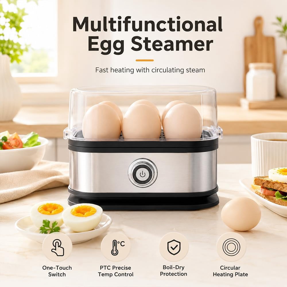Multifunctional Egg Steamer with Clear Lid, 2026 New compact stainless steel mini electric rapid egg cooker 6 egg capacity, Prevent Burning Out for Custom Egg Doneness Meal Prep (1pc)
