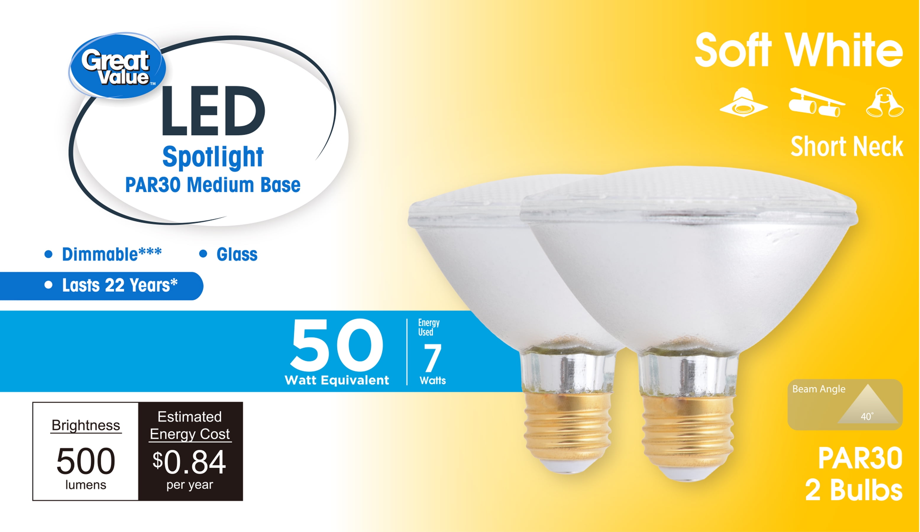 (1 pack) Great Value LED 7 Watts Directional PAR30 Soft White Medium Base Bulbs, 2 Count