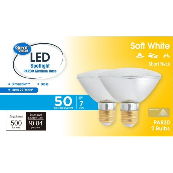 Great Value LED 7 Watts Directional PAR30 Soft White Medium Base Bulbs, 2 Count