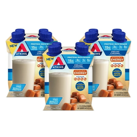 Atkins Steady Energy Protein-Rich Meal Replacement Shake, Creamy Caramel, 11 fl oz, 4 Count, 3 Pack