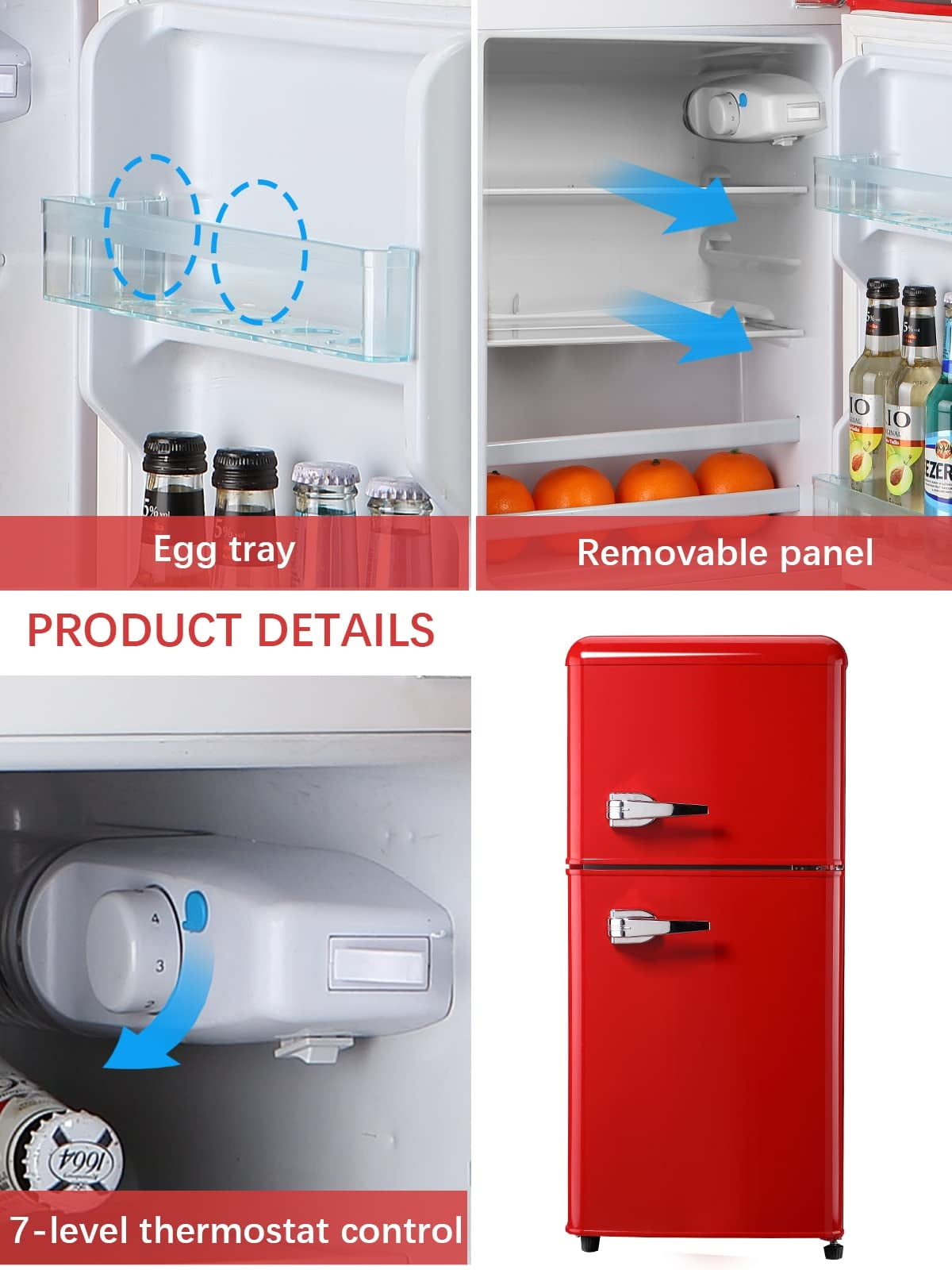 GGTB 3.0 cu.ft Mini Fridge with Freezer, Compact Double Door Refrigerator, 7-Temp Settings, Removable Shelves for Dorm, Apartment, Office, Red