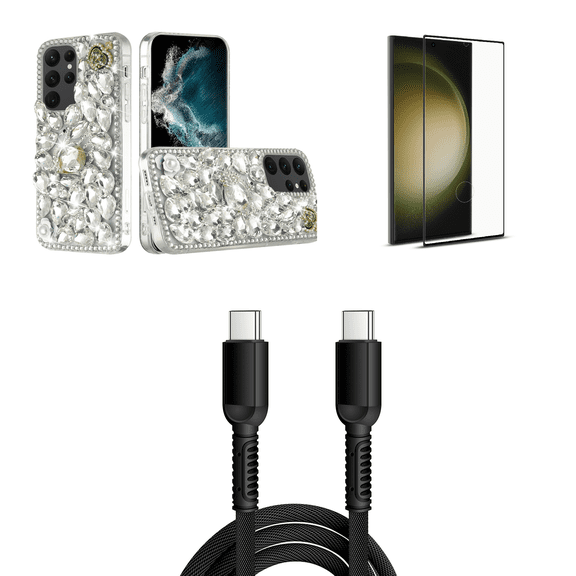 HR Diamond Bling Case for Galaxy S23 Ultra Bundle with Glass Screen Protector, 30W USB-C to USB-C Charging Sync USB Cable - 6 Foot - Silver Swan Crown Pearl