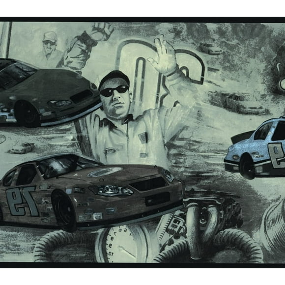 Concord Wallcoverings Wallpaper Border Motorsport Pattern Auto Racing for Home Office Living Room Social Room, Grey Black White, 9 Inches by 15 Feet CK062202B