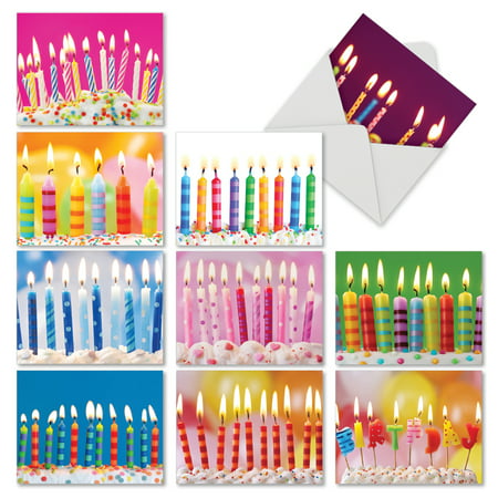 'M6555BDG M6555BDG Birthday Candles' 10 Assorted Birthday Notecards Featuring Bright and Happy Close Up Images of Lit Candles on Birthday Cakes with Envelopes by The Best Card