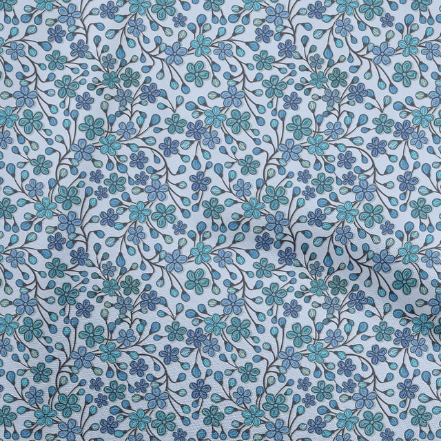 oneOone Polyester Spandex Medium Blue Fabric Floral Retro Craft Projects Decor Fabric Printed By The Yard 56 Inch Wide