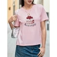 thumbnail image 5 of Yunliwuli Women Short Sleeve T-Shirts Cherry Cake Print Crew Neck Shirts Summer Casual Slim Fit Tops Streetwear, 5 of 10