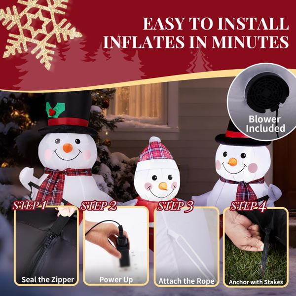 Christmas Inflatable Decoration with 3 LED Lights, Adorable Snowman Family of Three for Yard, Garden, Indoor Holiday Display