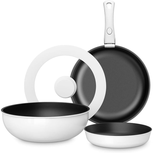 Juego de 5 Ollas y Sartenes Antiadherentes, Batería de Cocina con Mango Desmontable, Libre de PFAS, Sartenes de Ceramica, Apto para Todas las Estufas