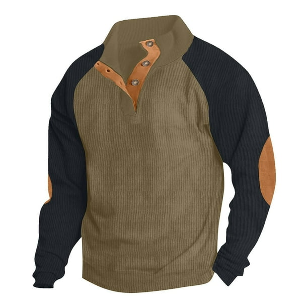 pstuiky camisetas de manga larga para hombre, Suéter informal de patchwork para hombre, blusa abotonada con cuello alto y manga larga a la moda camisetas de hombre m