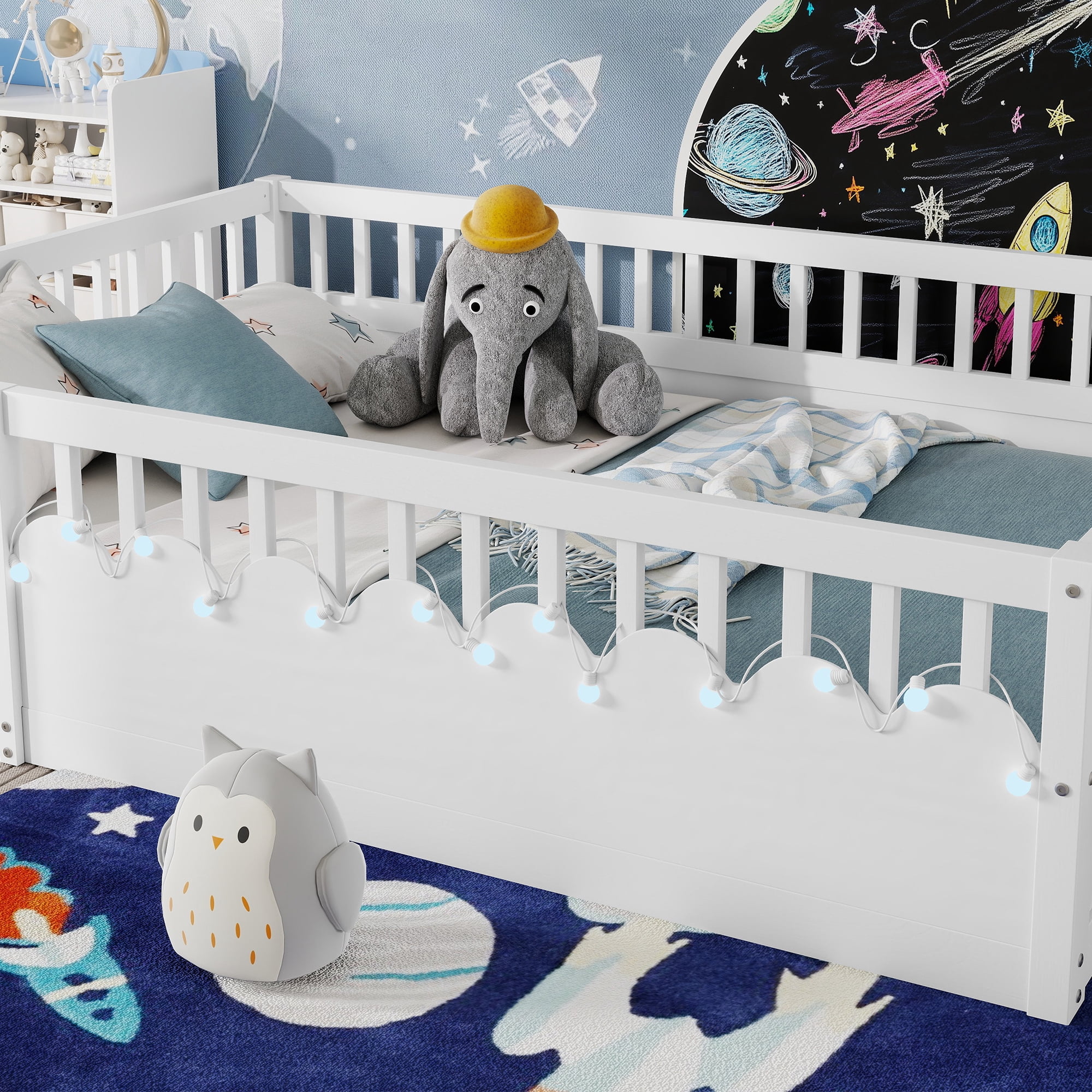 Euroco Wood Full Size Montessori Floor Bed with Guardrails and LED Light, Kids Bed with Storage Shelves, White