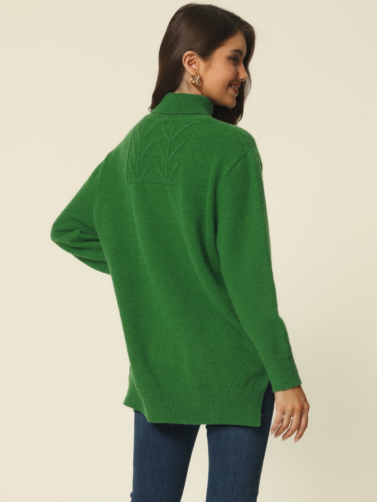 Unique Bargains Women's Turtleneck Long Sleeve Spilt Hem Tunic Pullover Sweater M Green