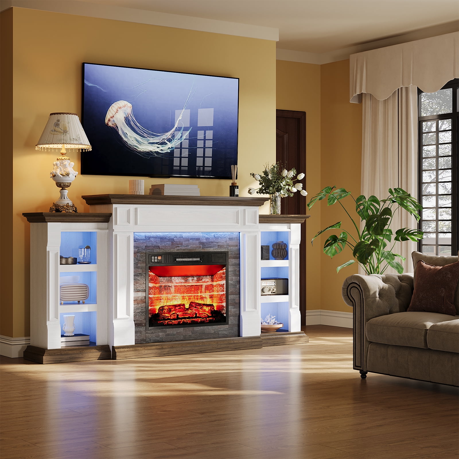 LGHM 71" Electric Fireplace TV Stand with Mantel, Farmhouse Entertainment Center for TVs up to 80" with LED Light, White & Brown