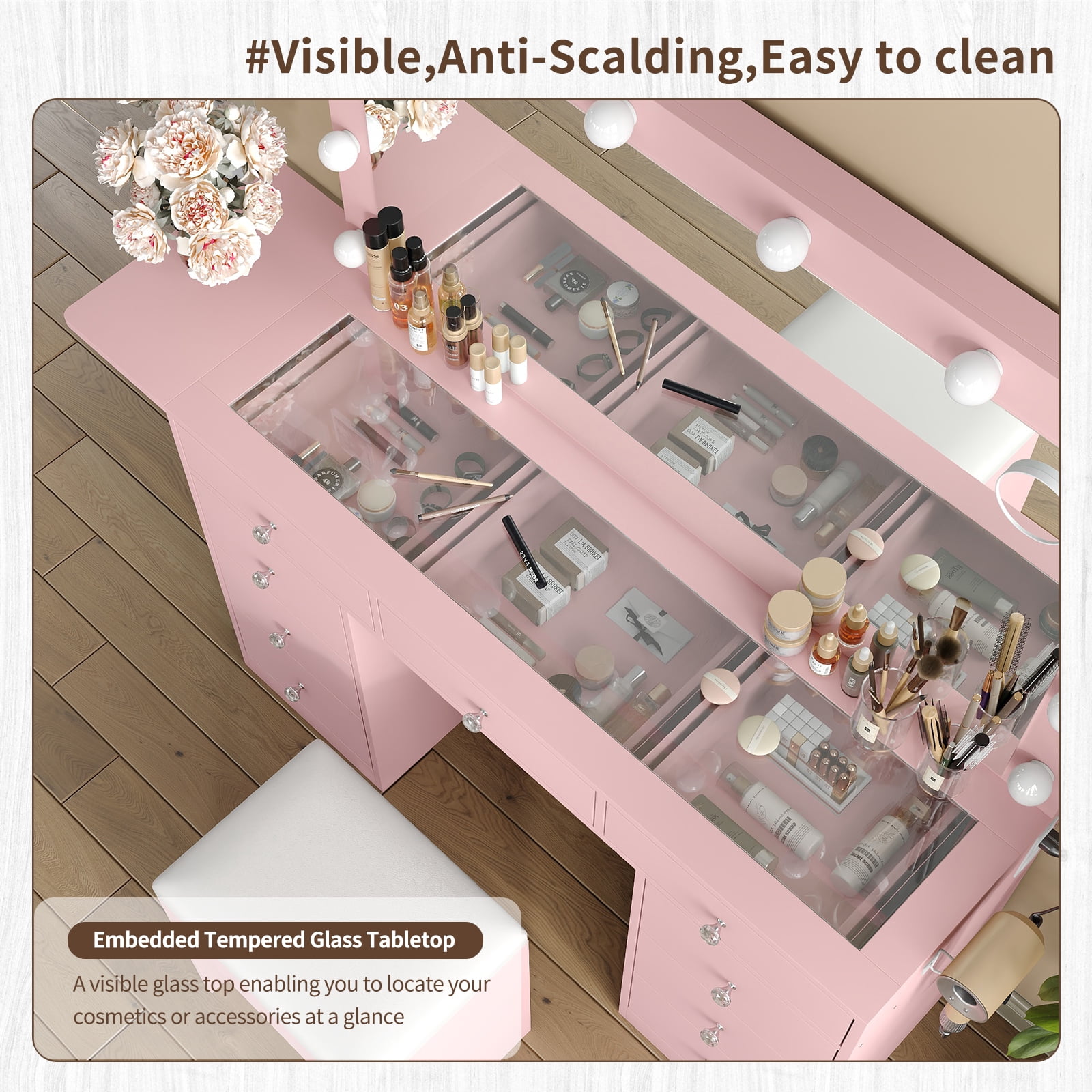 Makeup Vanity with Power Outlet, 9 Drawers Vanity Desk with Mirror and 12 LED Lights, 3 Lighting Modes, Glass Top Vanity Set,Dressing Table with Fold-Up Pane