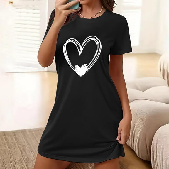 Sakmal Playful Womens Moomoo Nightgown Lightweight Oversized Black Moomoo Dress Short Sleeve Short Heart Print Crew Neck Nightgowns S-2XL