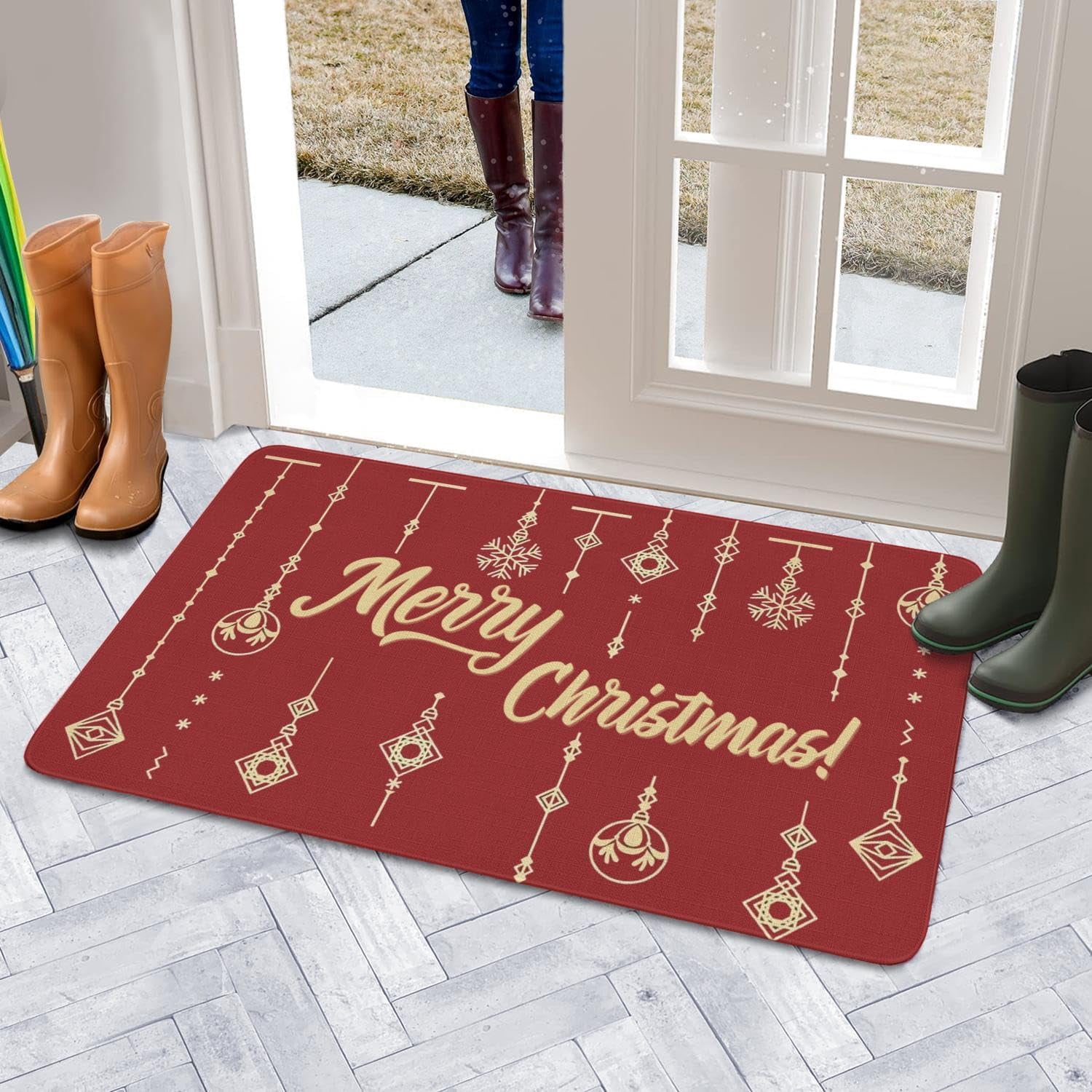 Invuni Merry Christmas Door Mat Indoor & Outdoor Front Entrance Doormat Linen Rug Heavy Rubber Backing for Non Slip Home Decor, 30" X 17"