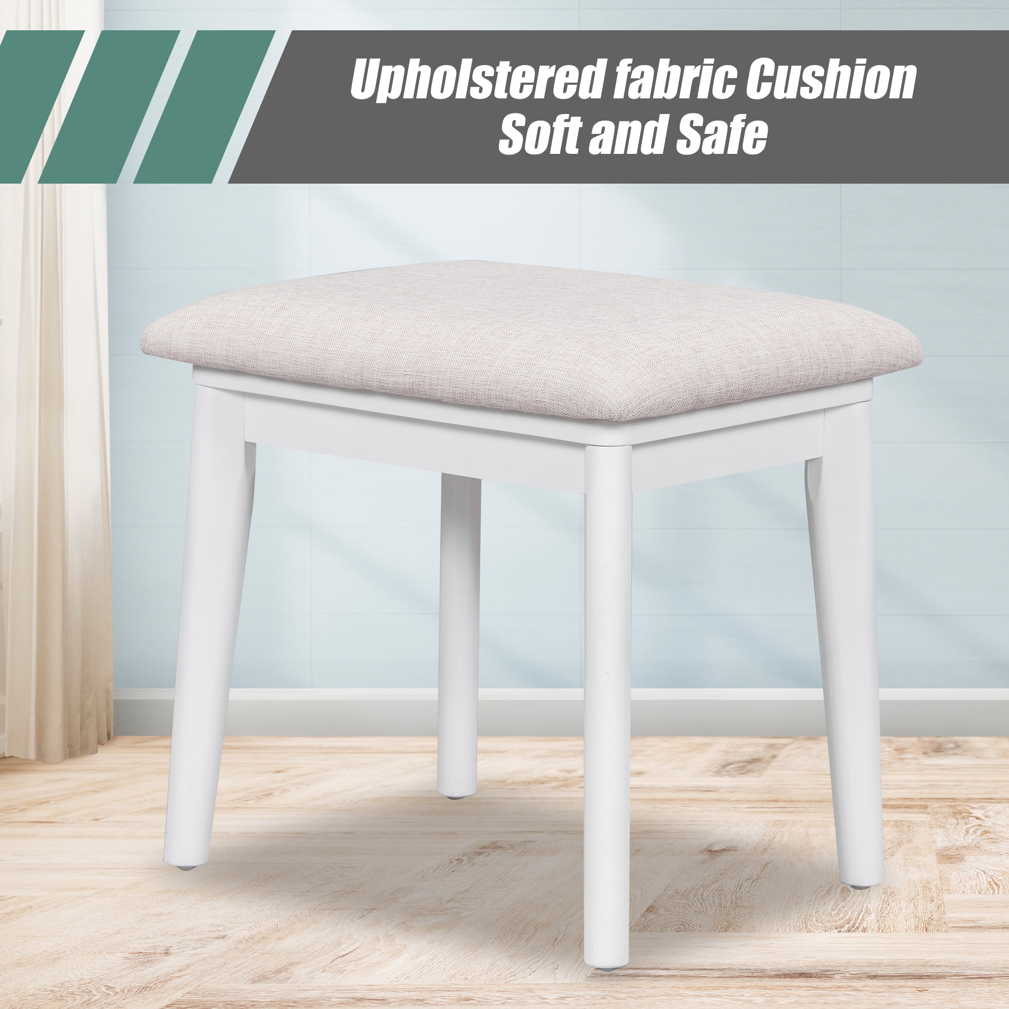 Yoneston 43.3" Classic Wood Makeup Vanity Set with Flip-top Mirror, Vanity Table with Cushioned Chair with Three Drawers and Storage Space for Bedroom, White