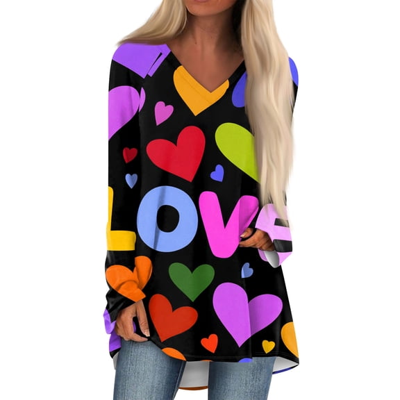 Hogleaql Valentines Day Tops for Women V-Neck Soft Long Sleeve Shirts Love Heart Printed Dressy Lounge Loose Mid-Length Tops Multicolor L