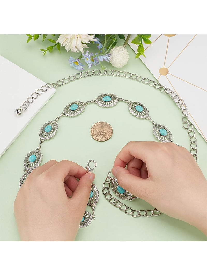 Silver Turquoise Western Boho Chain Belt 51” Long Western Boho Floral Silver ￼ Turquoise Bead Concho  main image 4