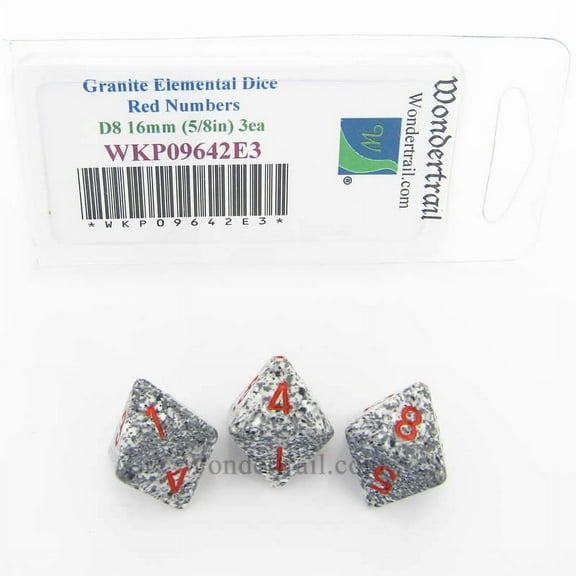 Granite Elemental Dice with Red Numbers D8 16mm (5/8in) Pack of 3 Wondertrail