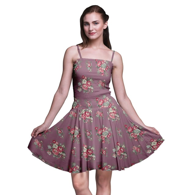 Bimba Robe Soleil Mini à Fleurs pour Femmes Taille Smockée Imprimée pour Vacances d'Été Fête-TG
