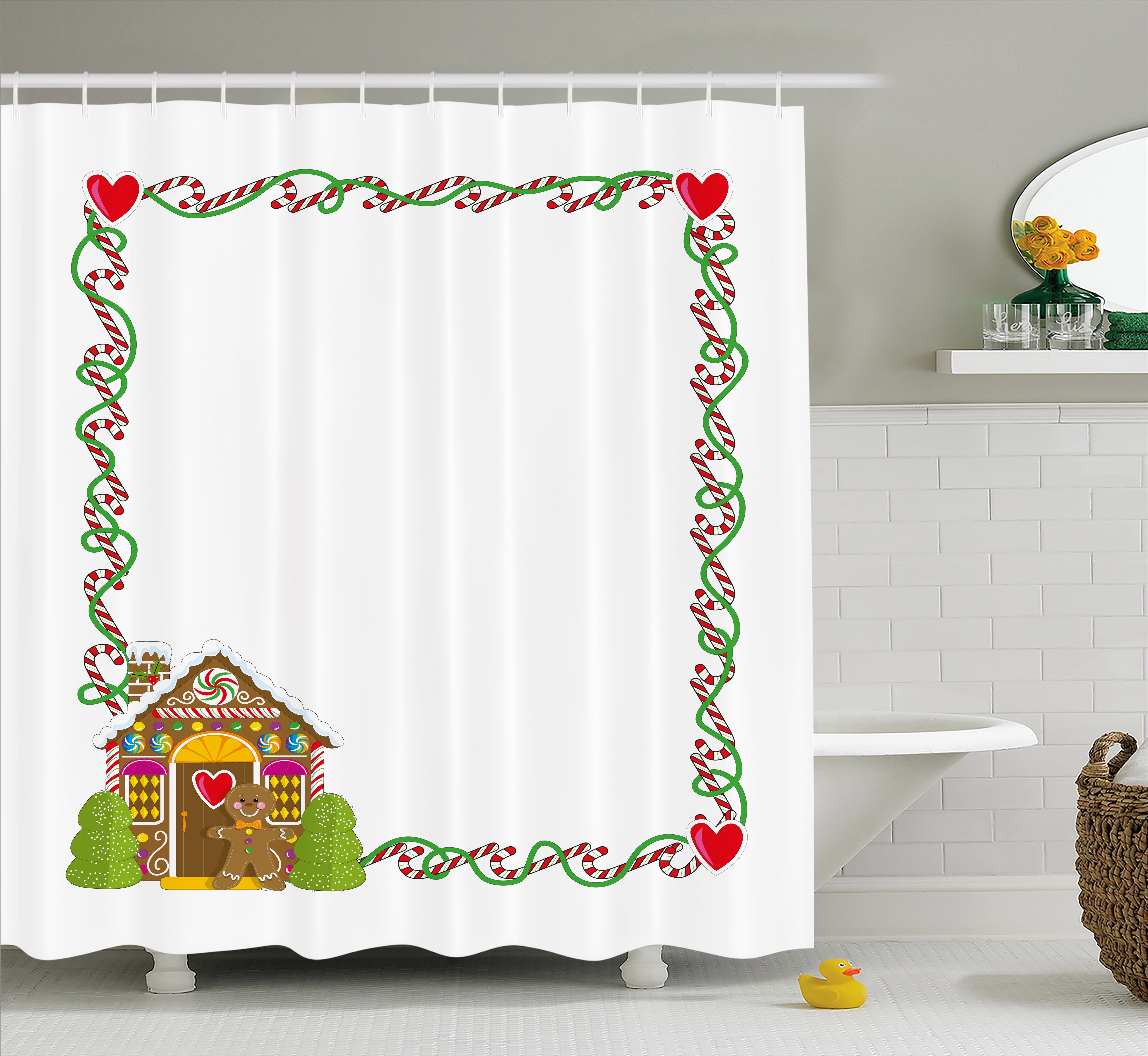 Kids Shower Curtain Frame Featuring Sweet Candy Canes Kids Shower Curtain Frame Featuring Sweet Candy Canes Hearts And A Gingerbread Cookie House Fabric Bathroom Set With Hooks 69w X 70l Inches