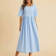 thumbnail image 2 of FRSASU Cotton Linen Dresses for Women Summer Casual 3/4 Lantern Sleeve V-Neck Midi Dress Swing Solid Color Beach Holiday Dress Blue, 2 of 9