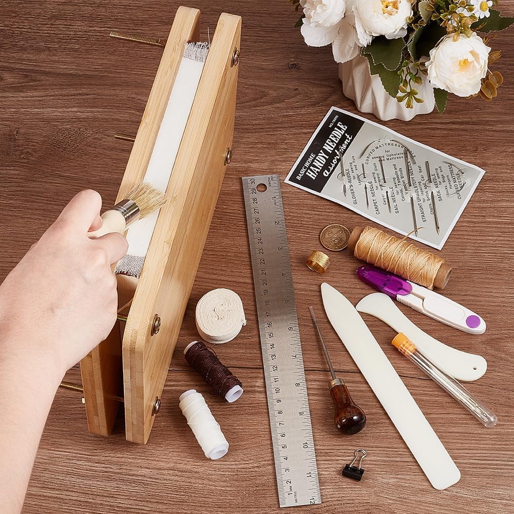 Book Binding Kits Bookbinding Supplies Book Binding Starter Tool Set with Wooden Book Press Tool Cotton Cloth Fabric Ruler Thimble Needle Thread for Book Sewing Supplies DIY Bookbinding Craft for DIY