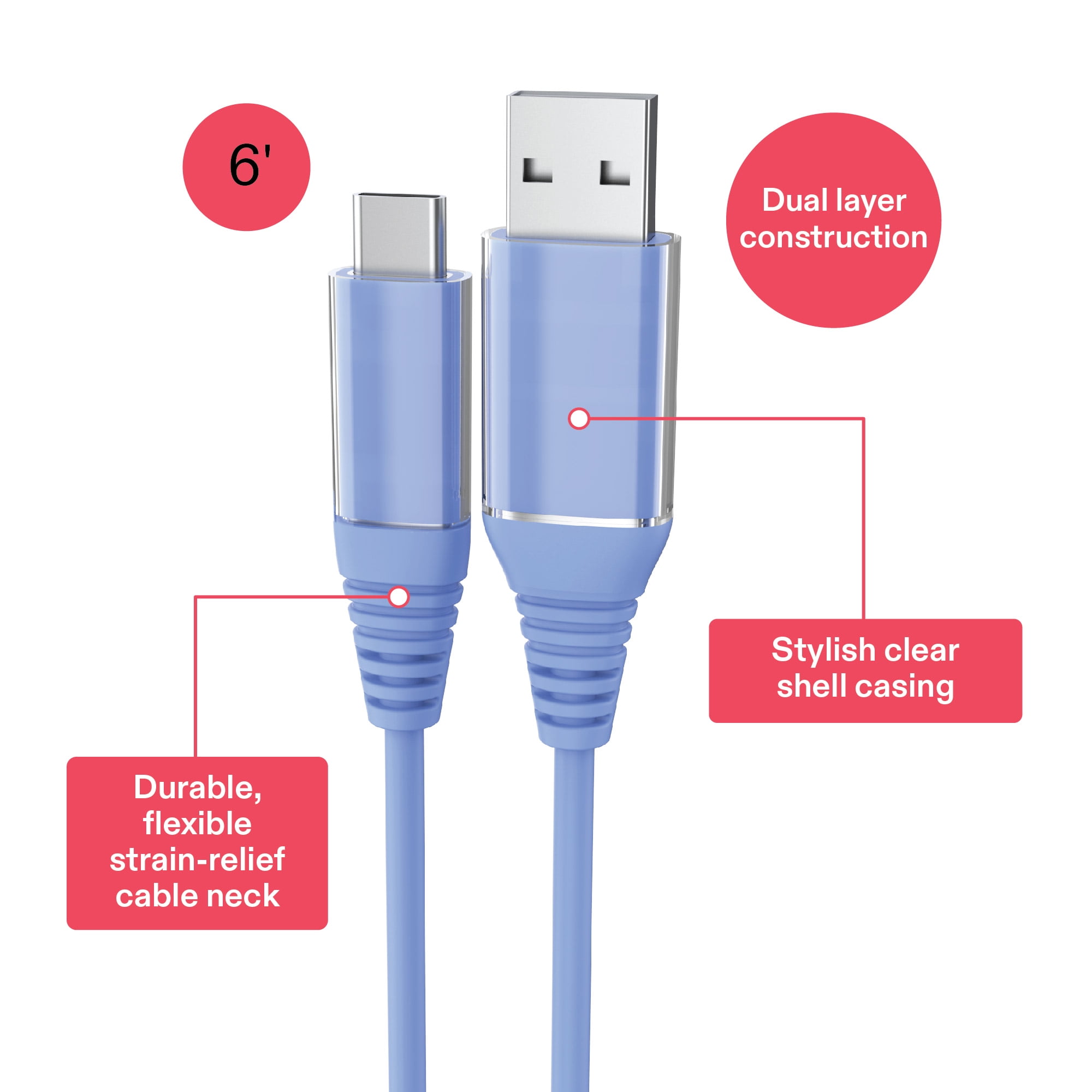 onn 6ft USB-C to USB-A Charging Cable, USB-IF Certified, Blue - Compatible with iPhone 16 Series, iPhone 15 Series, Samsung Galaxy, Note, Pixel Devices iPad Pro, & More