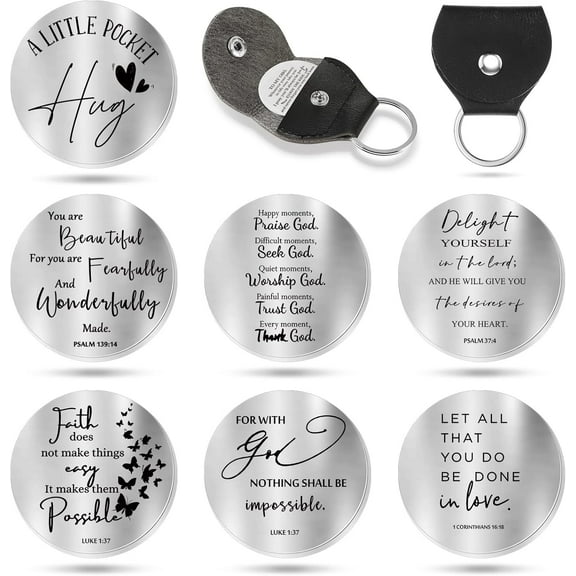 6 Pieces Inspirational Gift Hug Tokens Keepsake Christian Bible Verses Quotes Stainless Steel Coin Double Sided Silver Tokens Black PU Leather Key Chains for Family Pastor Clergy Appreciation Day