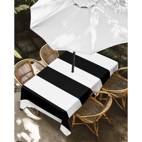 Outdoor Tablecloth with Umbrella Hole, Modern Black White Stripe Zippered Table Cloth for Rectangle Tables, Abstract Minimalist Art Washable Waterproof Tablecloths for Picnic Patio Garden