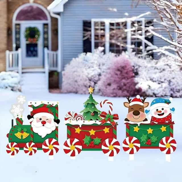 3 letreros navideños para jardín, estaca para jardín, enchufe de tierra, reno, Papá Noel, muñeco de nieve, decoración navideña para patio trasero,