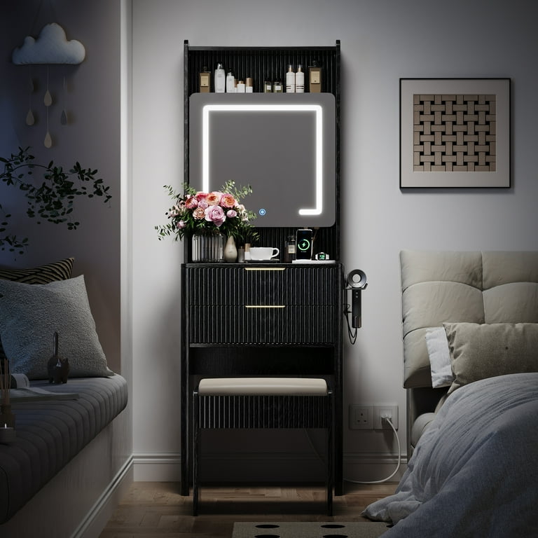 small black dressing table IRONCK Small Makeup Vanity Table with 5 Drawers, Power Outlet, and Vanity Stool Black