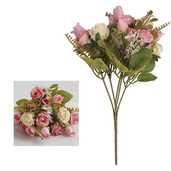HAJAGP 5 Branch 15 Heads Artificial Rose Flower Bouquet, 11.8inch Realistic Silk Roses with and Green Leaves Vintage Floral Decor for Wedding, Valentine's Day & Mother's Day (Pink)