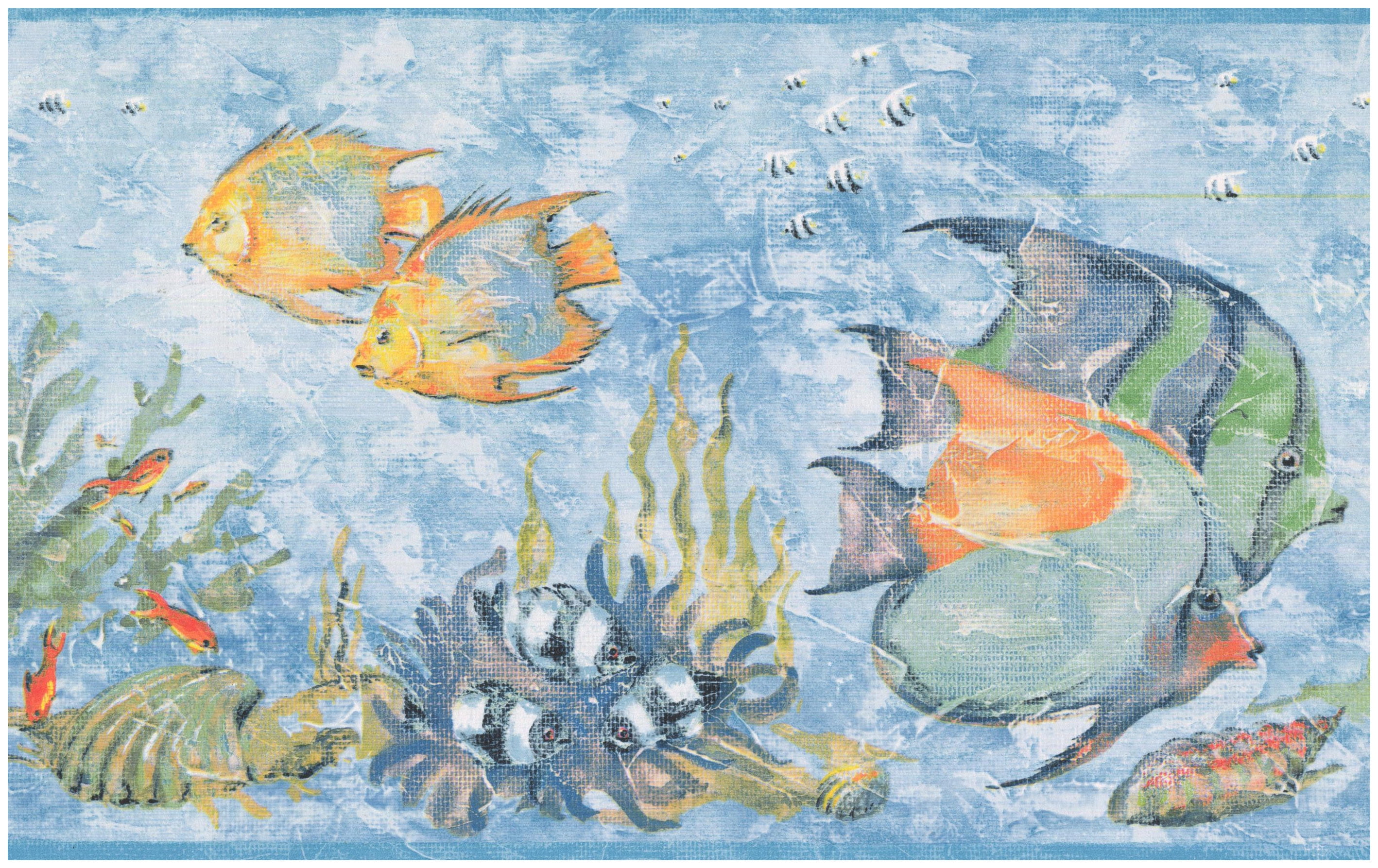 Prepasted Wall Border Fish Seahorse Starfish Seashell Cerulean Blue