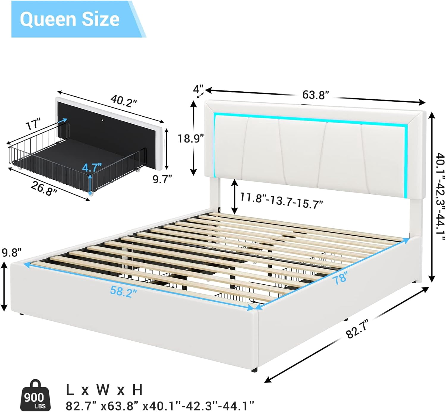 Queen Platform Bed Frame with LED Headboard&USB and Type-C Ports Modern Upholstered Bed Frame with 4 Storage Drawers,Faux Leather Bed Frame for Bedroom,White