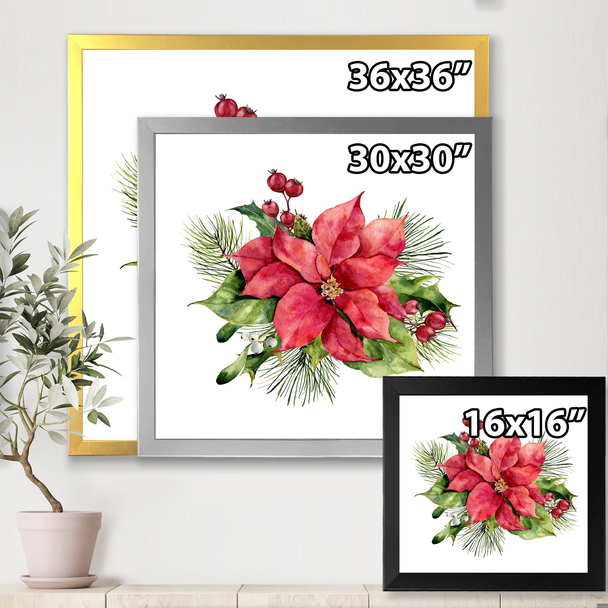 Designart 'Christmas Fir Branch and Holly Mistletoe Berries I' Traditional Framed Art Print