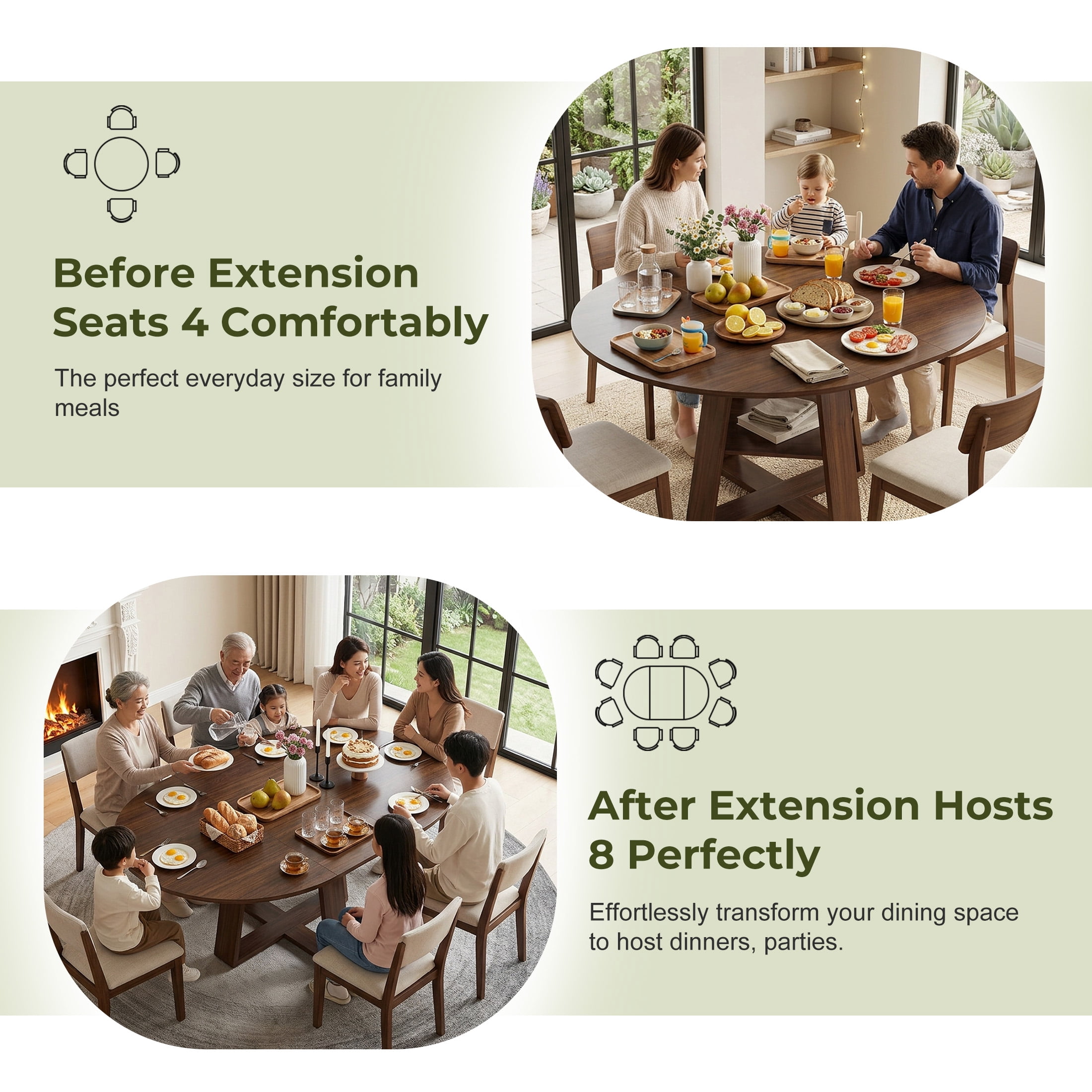 EDX 43.3″–59″ Extendable Round Dining Table for 4-8, Modern Oval Dining Table with Removable Leaves, Wooden Kitchen Table with Storage Shelf Base, Space Saving for Kitchen Living Room, Walnut
