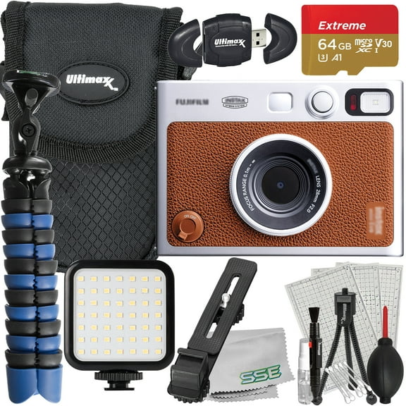 Ultimaxx Advanced FUJIFILM INSTAX MINI EVO Hybrid Instant Camera Bundle (Brown): 64GB Extreme microSD Memory Card, Mini Tripod, Ultra-Bright LED Light Kit & Much More (15pc Bundle)