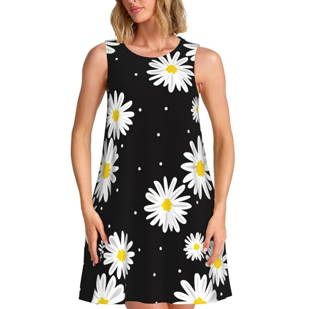 Fotbe Daisies Flowers Vestido de Verano sin Mangas para Mujer – Vestido Midi Línea A, Estilo Camiseta Floral, Vestido Playero Casual y Fluido