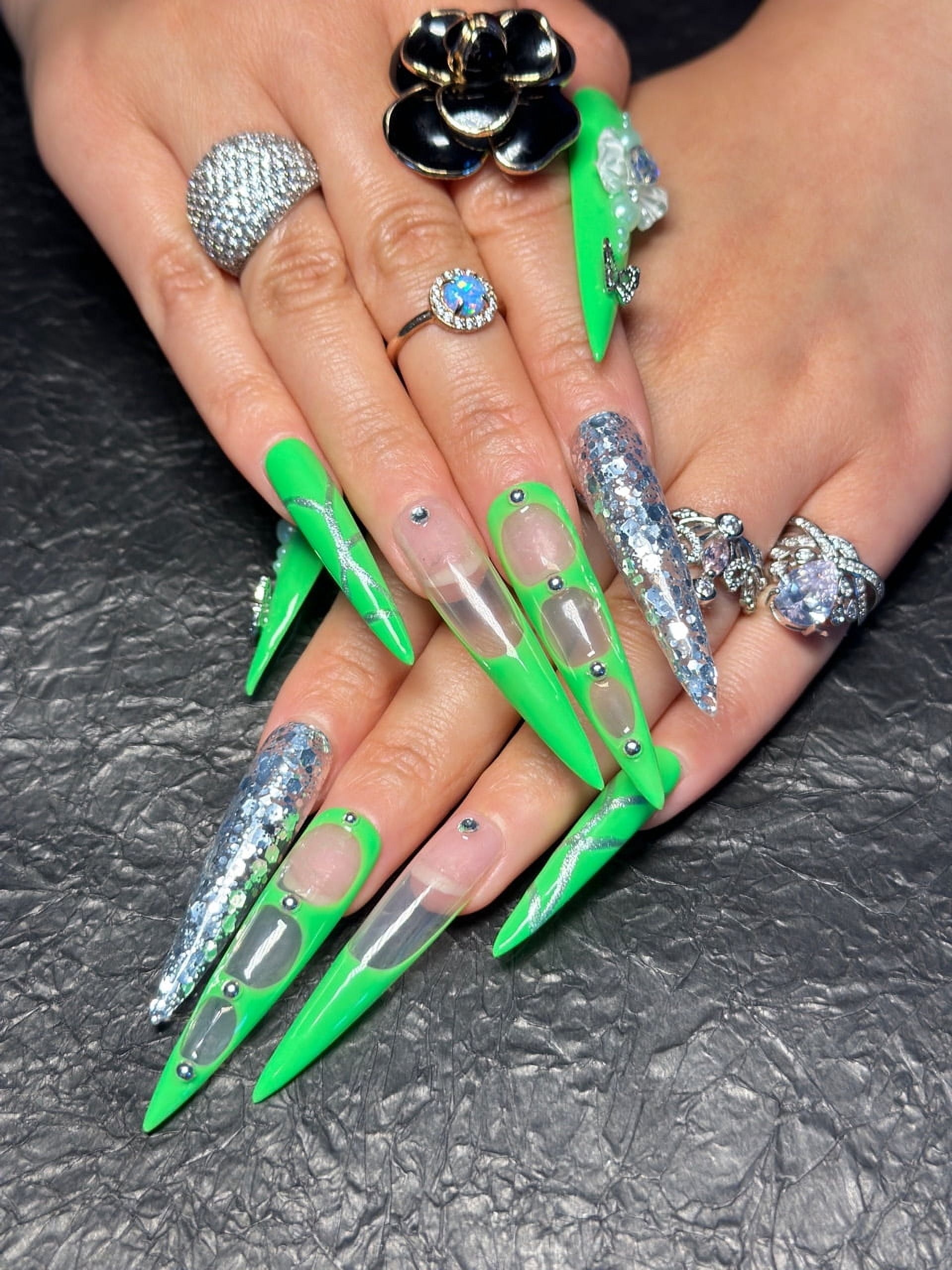 10PCS Neon Green Transparent Stiletto Press-On Nails with 3D Rhinestones & Glitter Extra Long Sculpted Design