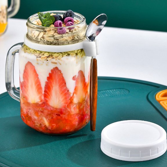 SHENGXINY 2PCS Glass Cups,Portable Handle Oats Jars,10 Ounce Oats Container with Lid and Spoon,Storage Containers for Grain,Milk,Vegetables and Fruits (2Pc) White 4.1x5.27x2.93in