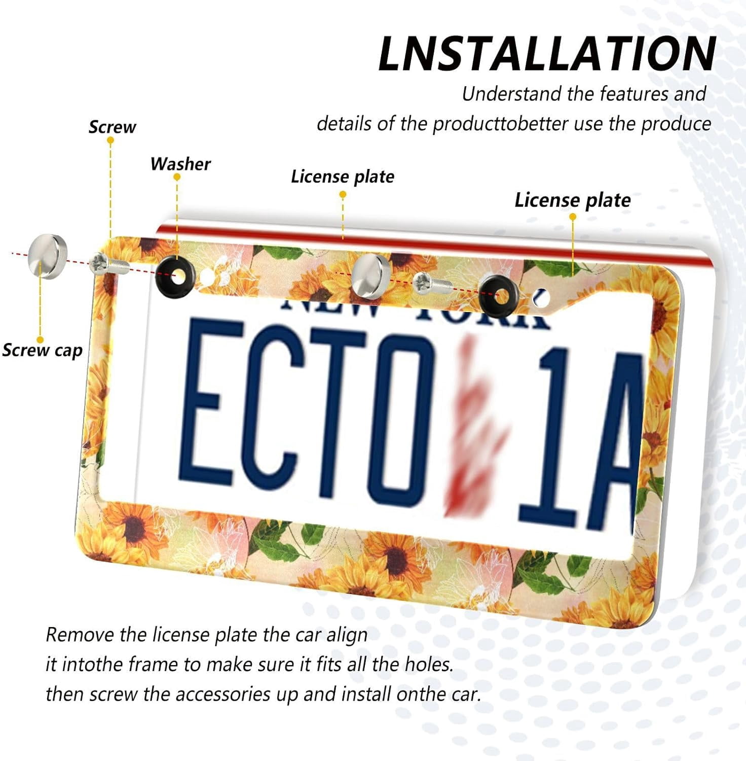 Green Hummingbird Sunflower License Plate Cover - Stainless Steel Frame With Drainage Holes, 12.2x6.3 Inches