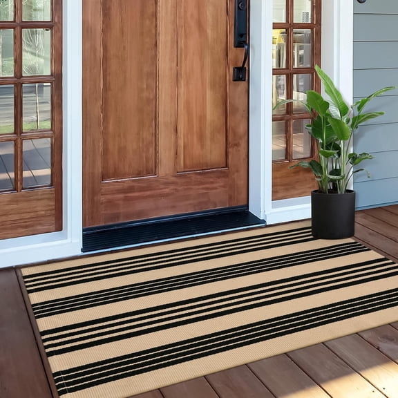 Xwl Outdoor Rug 3'x5', Black and Tan Area Rug Machine Washable Rugs Cotton Hand Woven Entry Rug Indoor Outdoor Striped Carpet for Front Porch/Deck/Backyard/Camping/Outdoor Decor