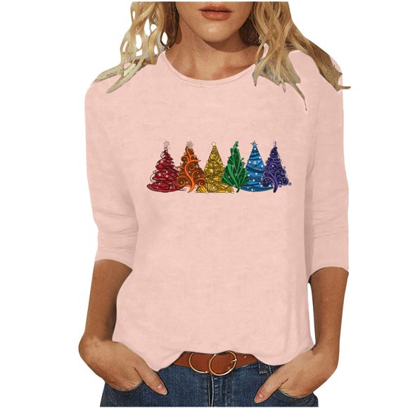 JIUKE 3/4 Sleeve Shirts for Women Crewneck Christmas Printed Tunic Tops Fashion Loose Fitted Tees Pink S