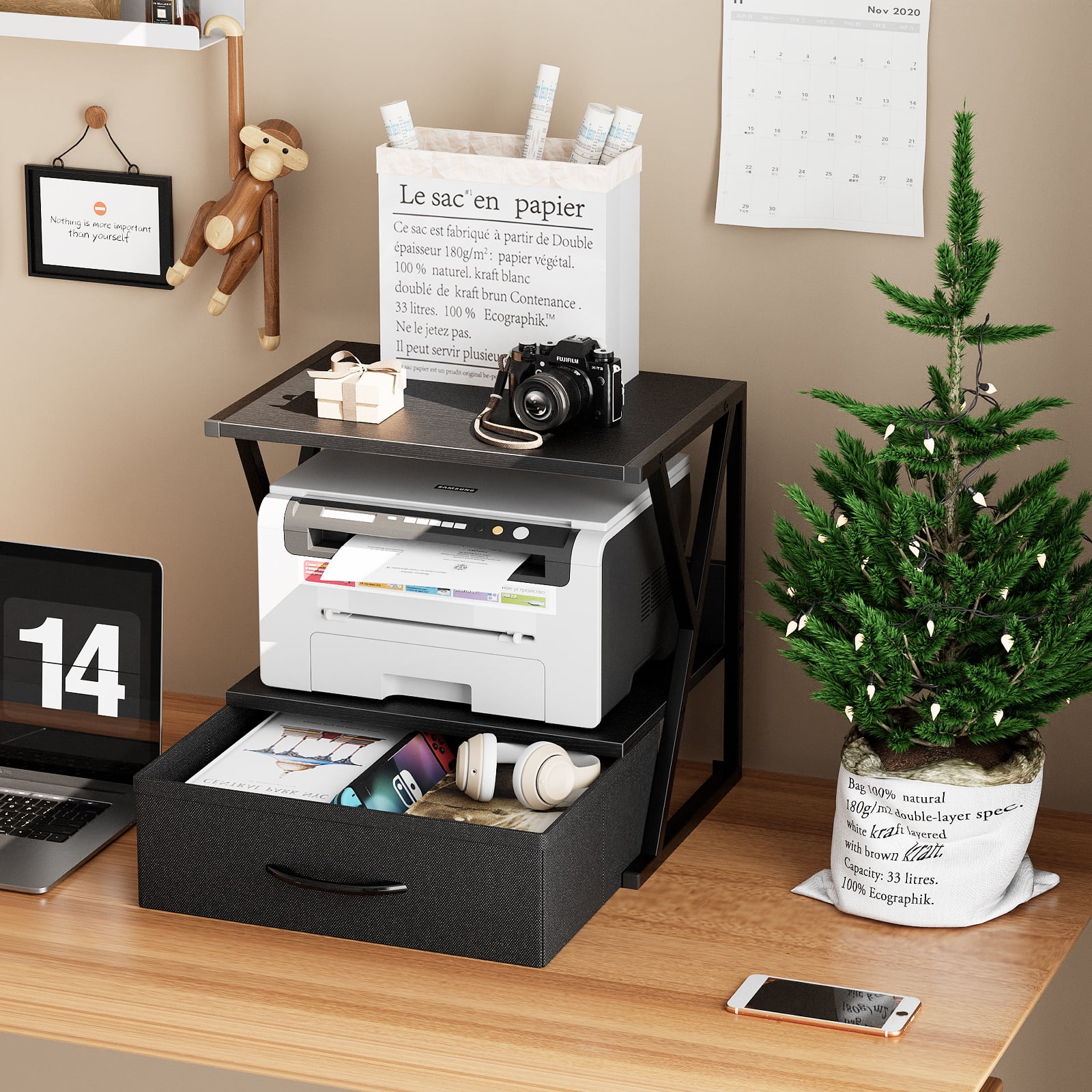 Printer Stand for Desk with Storage Drawer, 2 Tier Desktop Or Under Desk Shelf, Multi-Purpose Desk Organizer for Home Office, fit Fax Machine/3D Printer/Scanner, Black