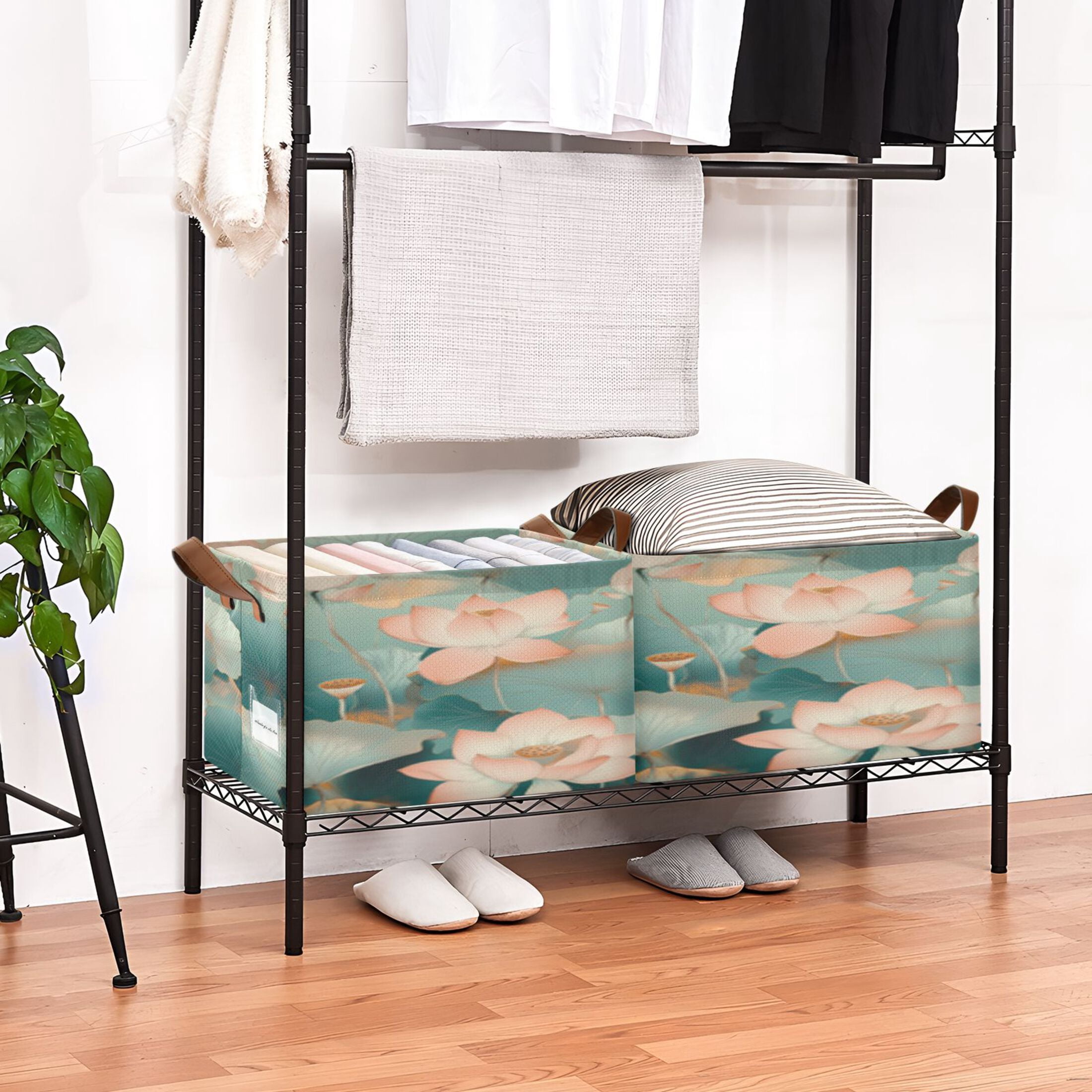 Rectangle Storage Basket with Handles Green Lotus Picture Collapsible Storage Bin Large Storage Bins Decorative for Clothes Toys Bedroom