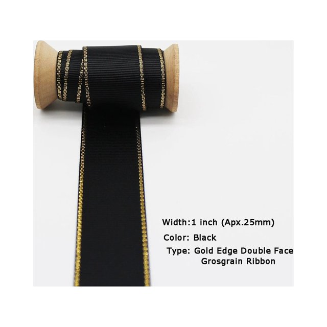 Cinta de raso de grosgrain con borde dorado negro de 5 metros, paquete de regalo, boda, Navidad, hecho a mano, bricolaje, 16, 25 y 38 MM