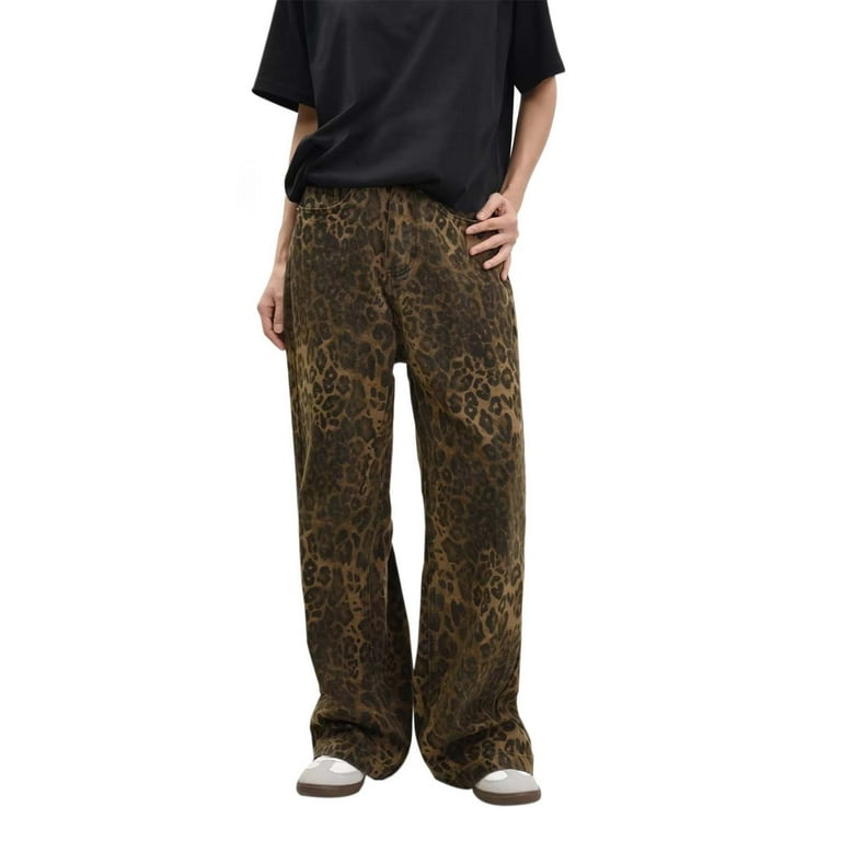 パンツ LEOPARD PRINT WIDE STRAIGHT PANTS WDIRARA Women's Leopard Print Drawstring Waist Wide Leg Pants